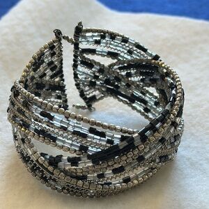 Black White Silver Tone Bugle Bead Woven Cuff Bracelet